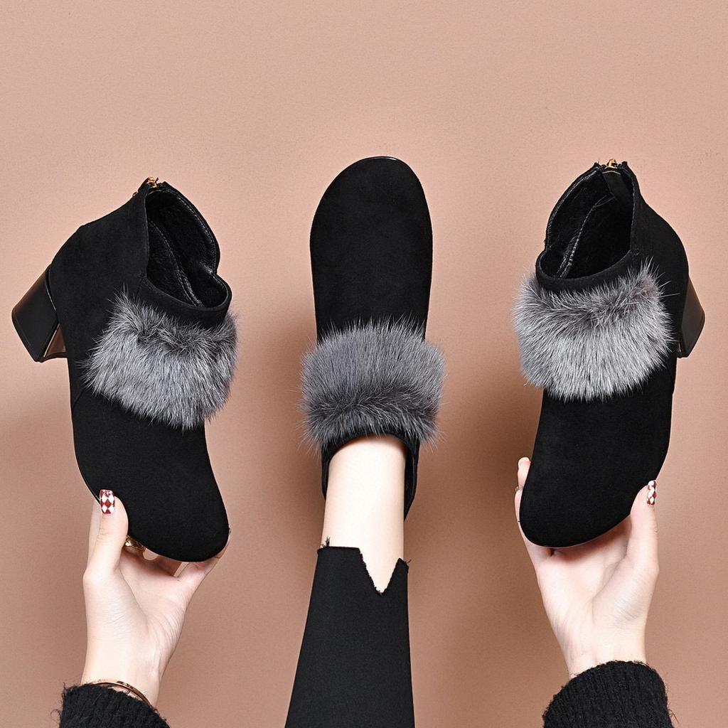 Fashion fluffy women's boots autumn and winter new sheepskin mink hair round head high heel fashion boots velvet women's short boots