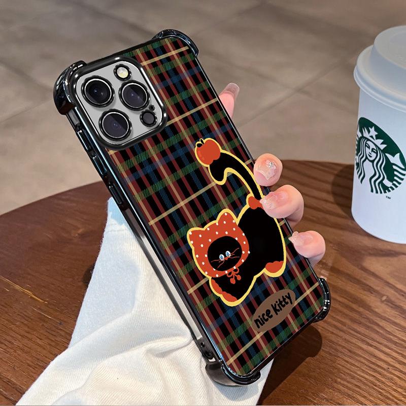 Retro Plaid Spotted Hat Cat for Apple 13promax Phone Case Airbag Anti-drop Iphone17 Cute 16