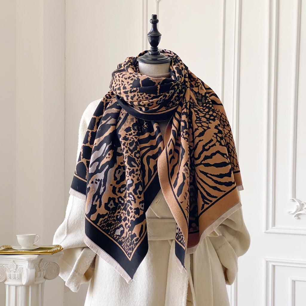 Winter Elegance Cashmere Two-Sided Scarf For Women Leopard Print Shawl Female Pashmina Luxury Poncho Thick Blanket Warm Bufanda
