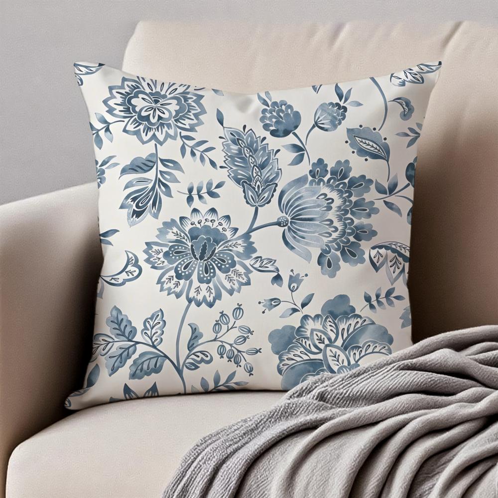 Ethnic Style Blue Floral Pattern Printing Cushion Cover Pillowcase Antidustmite Invisible Zipper Short Plush Sofa Cushion
