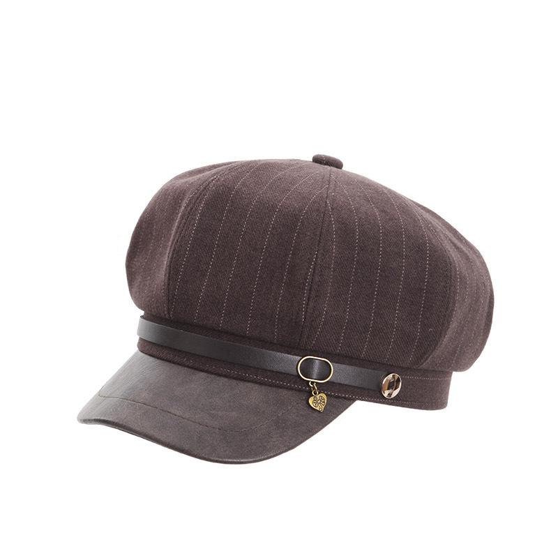 British Retro Belt Buckle Octagonal Hat Women's Autumn and Winter New Versatile Shell Shows Face Small PU Leather Brim Women's Newsboy Hat