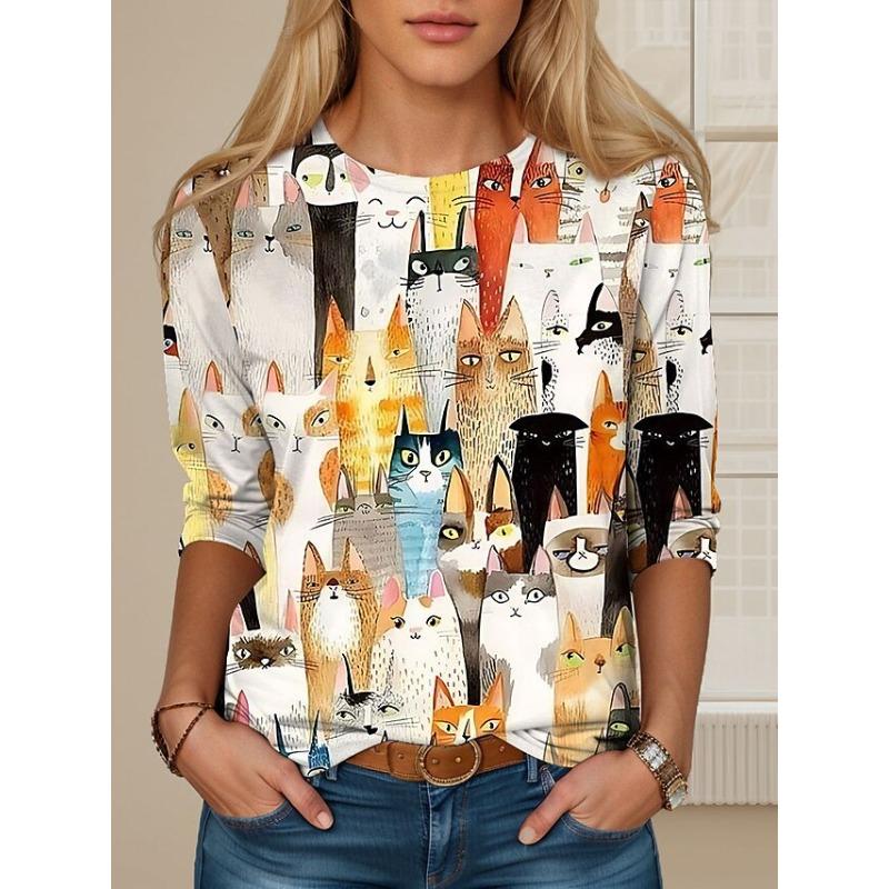 Round Neck 3D Cat Pattern Printed Top Fashionable Casual Long Sleeved Women's T-shirts