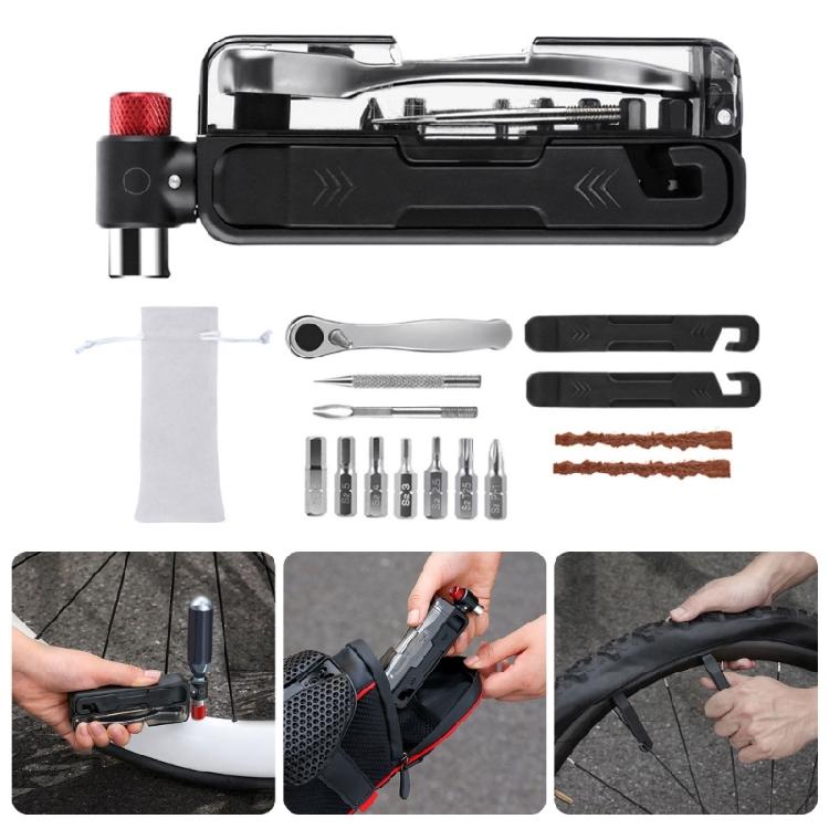 Durability 15 in 1 Cycling Tool Containing Steel Patches Strips Double Direction Ratchets and Compacts Carry Pouches