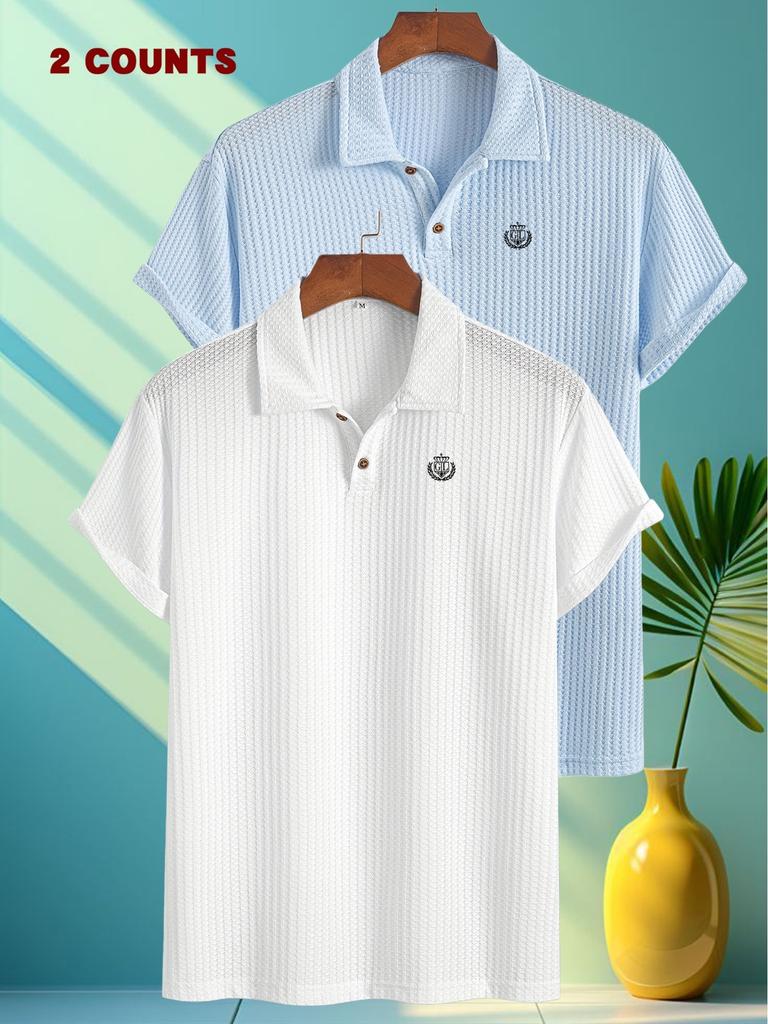 2pcs GL Print Pattern Men's Golf Polo Shirts, Short Sleeve Men's Work Shirt Casual Comfortable Soft Knit Lapel Collar, Ideal for Daily Business Wear