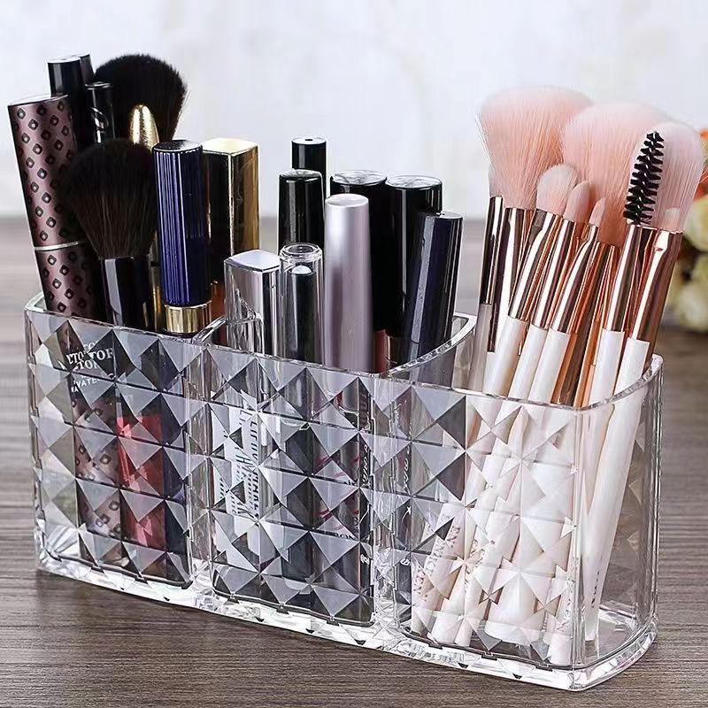 Transparent Dustproof Makeup Storage Box with Brush and Eyebrow Pencil Holders