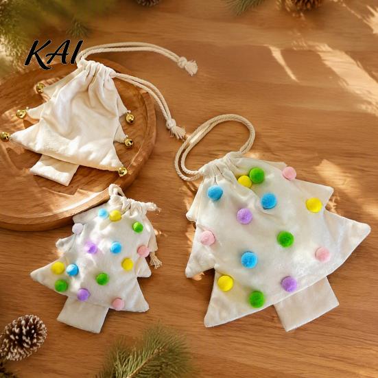 Reusable Fabric Gift Wraps Christmas Tree Shaped Bag, Drawstring Treat Goody Bags with Pompoms Durable Polyester Sacks Bells, Winter Present Wrapping