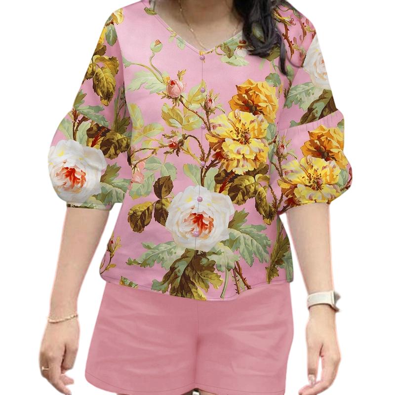 

ZANZEA Женский летний костюм из двух частей: блузка с цветочным принтом и шорты с рукавом 3/4 S розовый