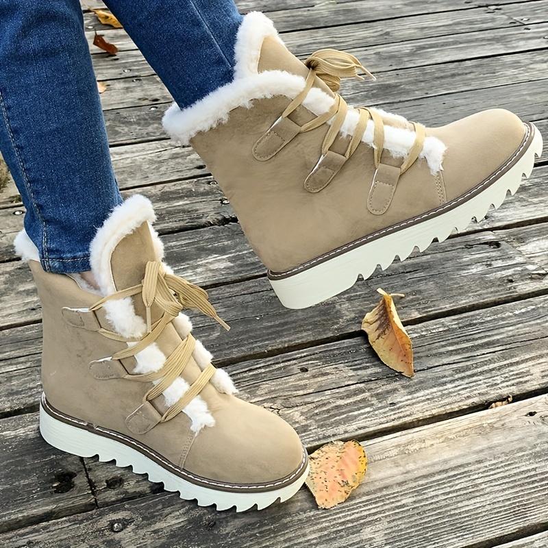 Women's Plush Lined Snow Boots, Solid Color Lace Up Outdoor Anti-Slip Boots, Winter Thermal Outdoor Mid Calf Boots