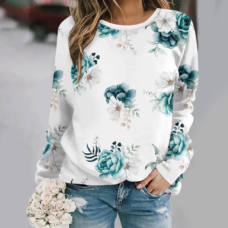 Women's casual and fashionable round neck long sleeved printed elegant and casual