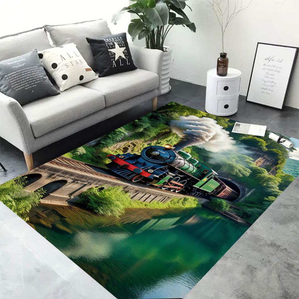 3D Retro Railway Track Train Carpet Rug for Home Living Room Bedroom Playroom Sofa Doormat Decor,Kid Area Rug Non-slip Floor Mat