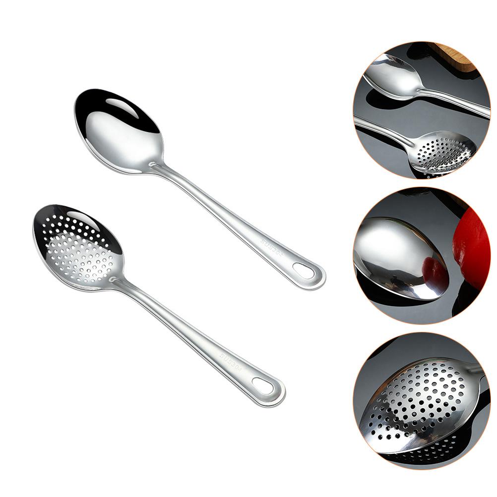 2 Pcs Stainless Steel Serving Spoon Kitchen Utensil Set Slotted Spoons Hot Ergonomic Slotted Spoons Pot Ergonomic Restaurant