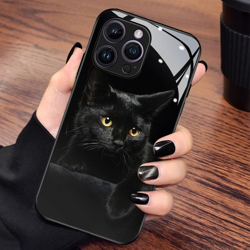 Cute Black Cat Pattern Tempered Glass Black Phone Case For iPhone 17 Pro Max 16 15 14 13 12 11 Pro 17 Air 7 8 Plus XR XS X Cover