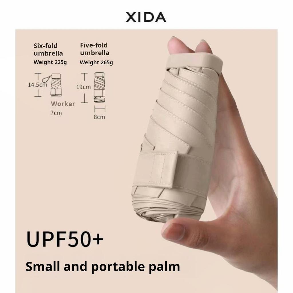 225g Ultra-Light 6-Fold Travel Umbrella, UPF50+ Black Coated Compact Windproof Umbrella for All-Weather Sun & Rain Protection