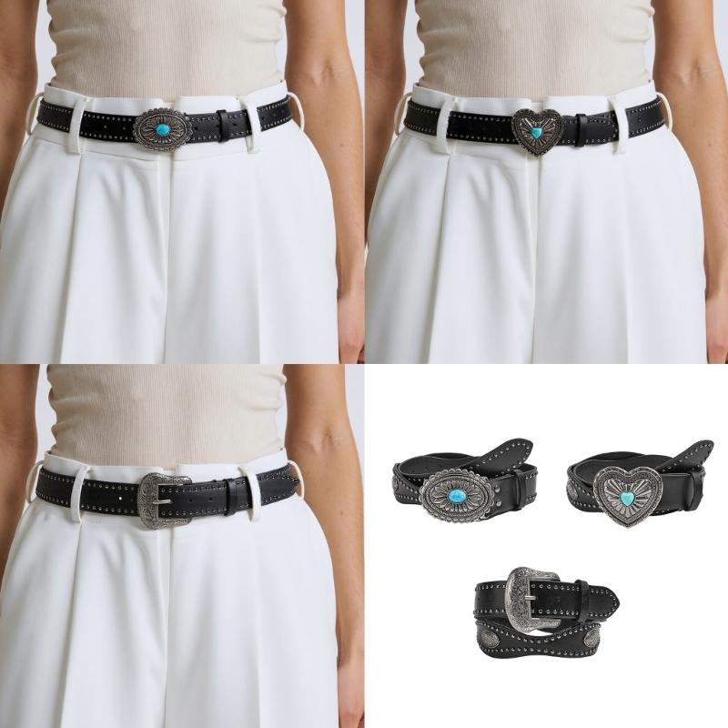 Studded Punk Style Belt Adjustable PU Leather with Charm Heart Buckles for Men Women Fashion Accessories