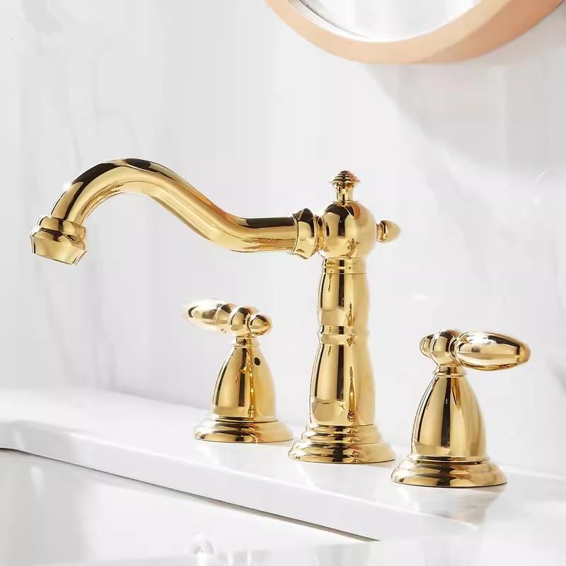 Tuqiu Brushed Gold Bathroom Faucet Antique Basin Faucet Brass Grey Sink Faucet 3 Hole Widespead Hot & Cold Wash Faucet Water Tap
