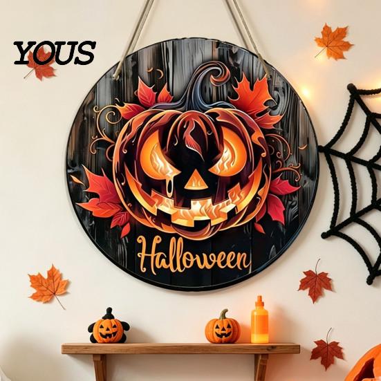 Pumpkin Door Decor for Porch Halloween Wooden Hanger Sign, Flame Maple Leaf Printed Round Hanging Plaque, Rustic Fall Wall Plaque Waterproof