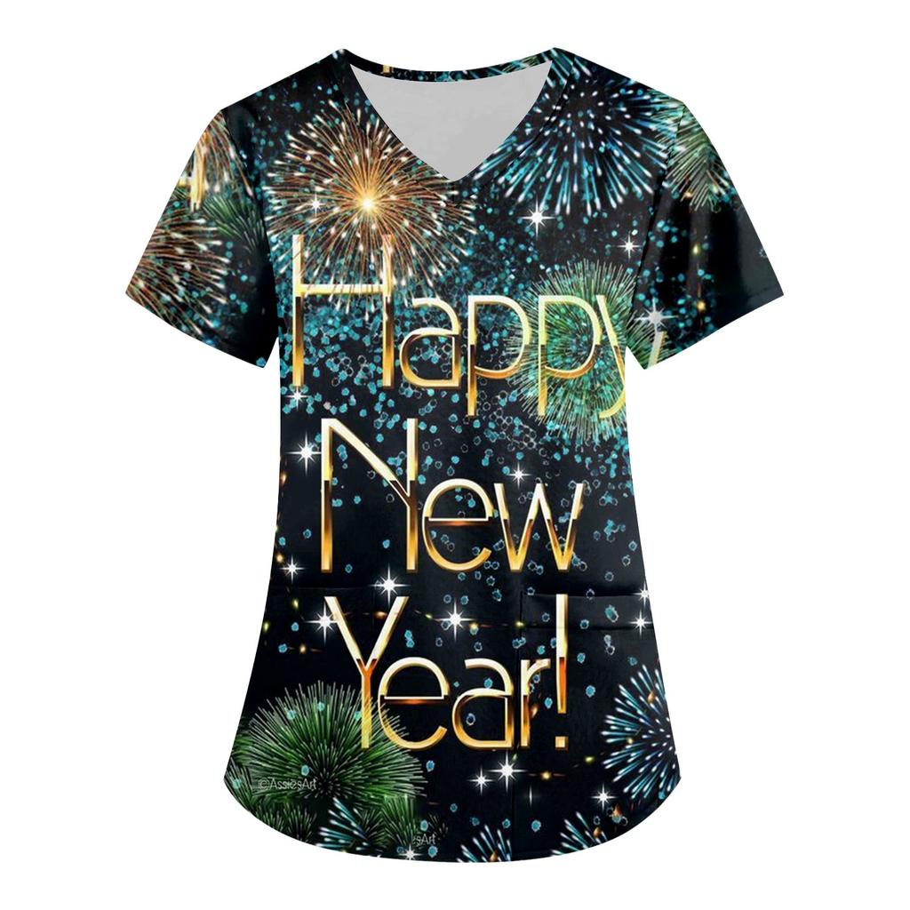 Damenmode 2024 Neujahr Bedruckte Kurzarm-Oberteile mit V-Ausschnitt und Mustertasche Arbeits-T-Shirts