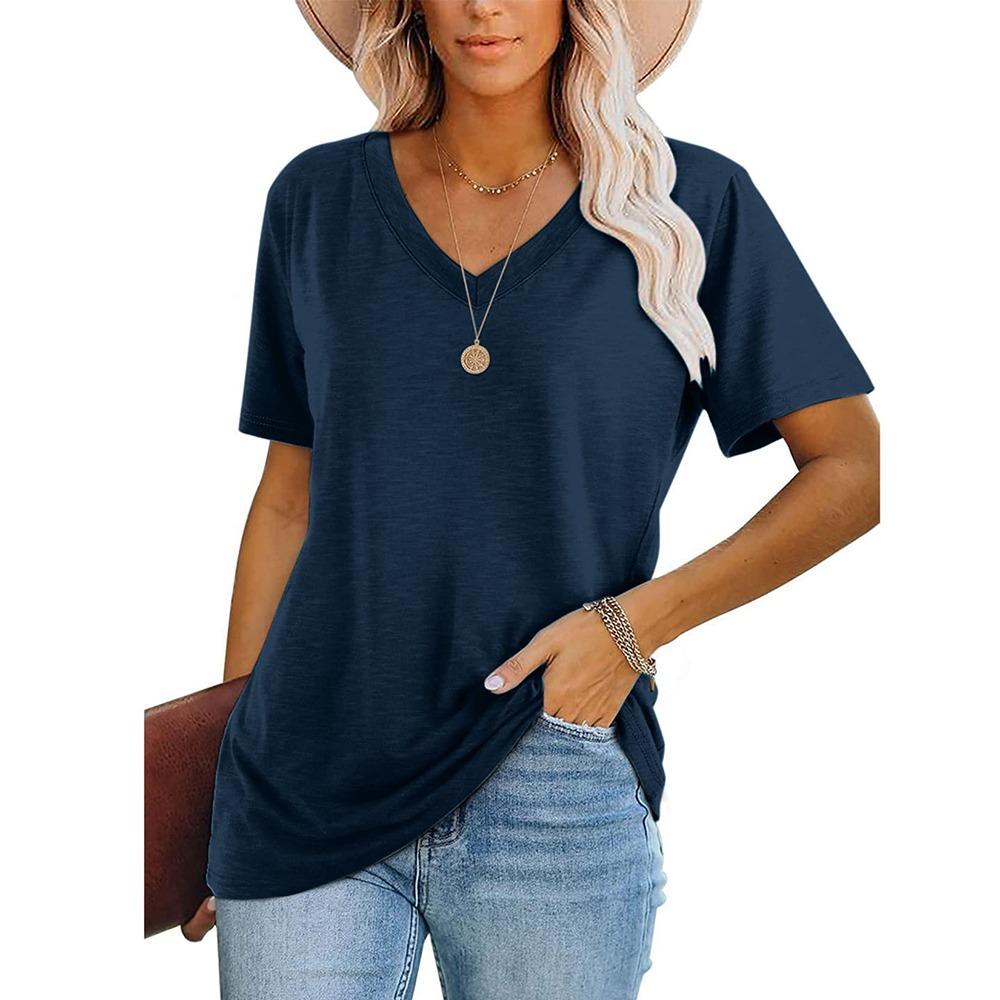 Women's V-Neck Short Sleeve Vintage Striped T-Shirt High Quality Comfortable Short Sleeve Loose Version Breathable T-Shirt Top