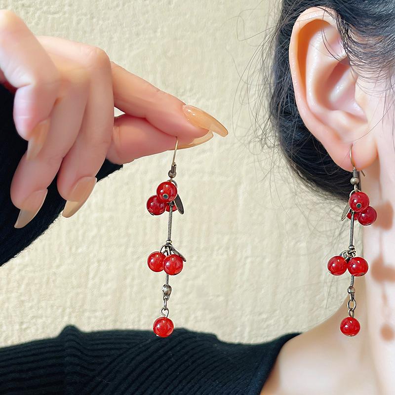 Festive Cherry Red Earrings: Unique Ancient-Inspired Design with S925 Silver Needle