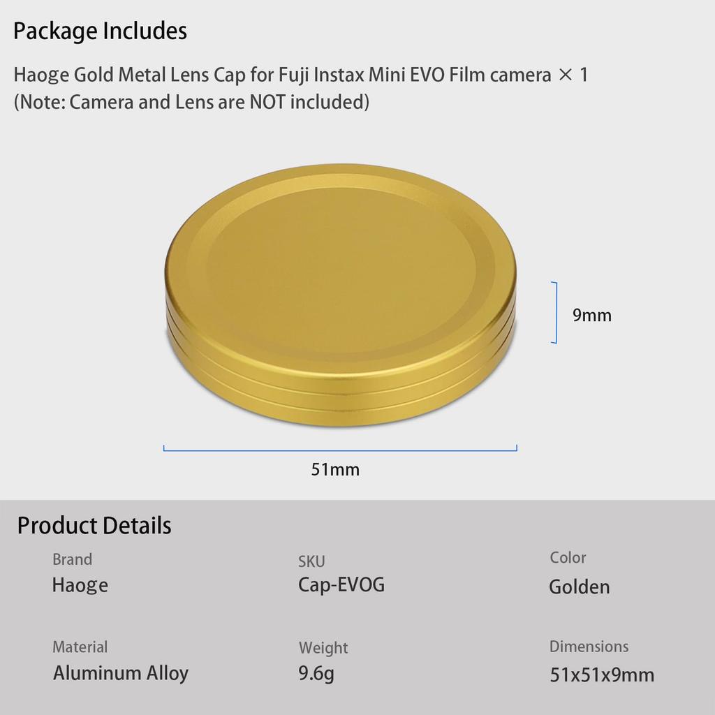 Haoge Metal Lens Cap for Fujifilm Instax Mini Evo Film Photo Camera Accessory Lens Gold Cover,
