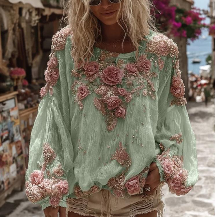 Flower Print Long Sleeved Breathable Autumn Shirts Female O Neck Loose Bohemian T-shirts Casual Holiday Beach Top Blouses