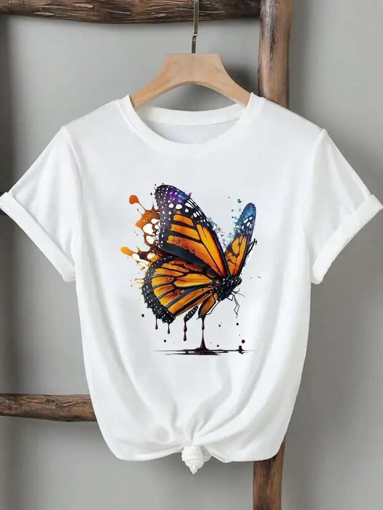 Women Lady Tshirts Printed Fashion Casual Tee Flower Wing Butterfly 90s Short Sleeve Graphic T Top Clothing Printing T-Shirt Unisex