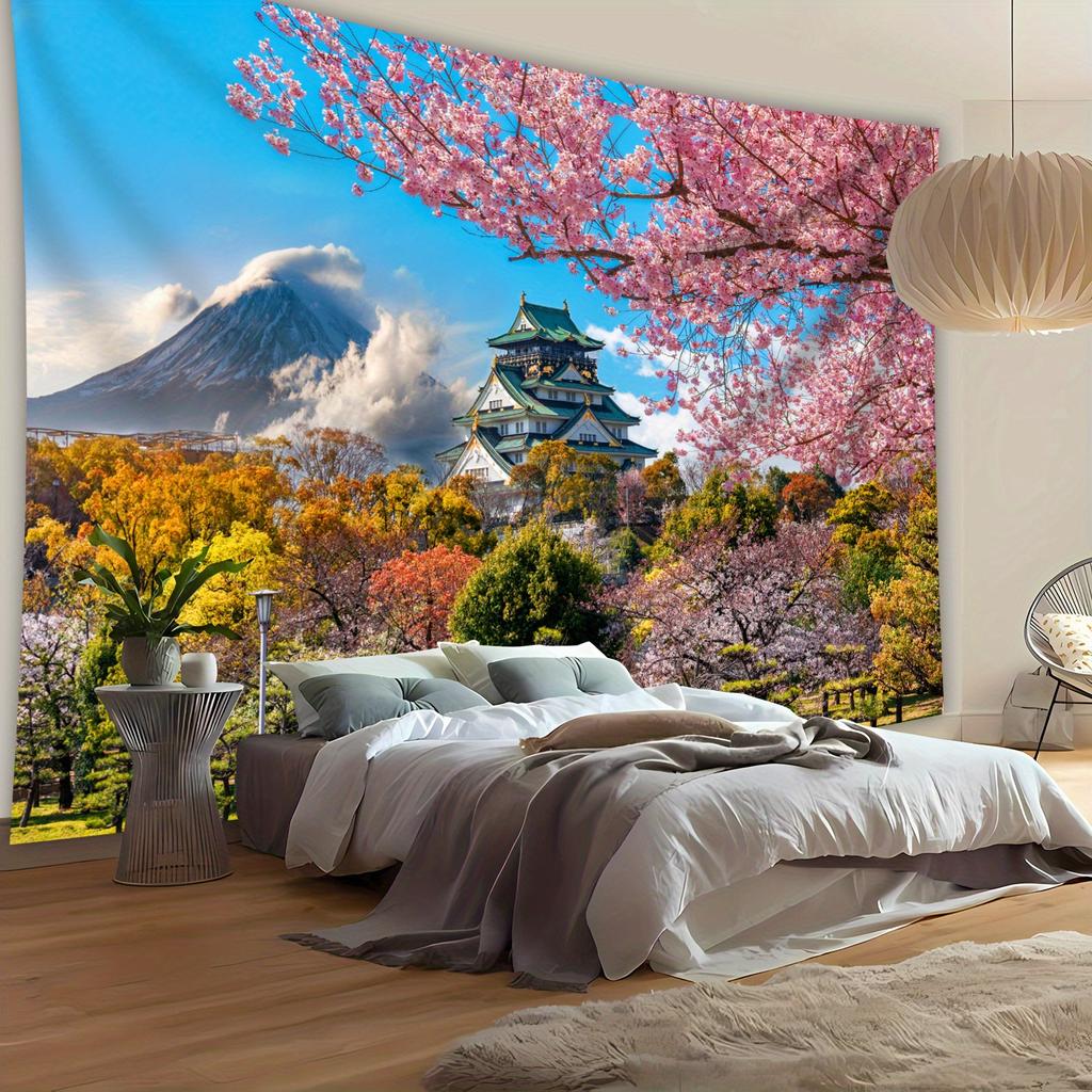 Osaka Castle Cherry Blossom Tapestry, Mt Fuji Landscape Wall Hanging, Japanese Scenery Home Decor For Bedroom Living Room