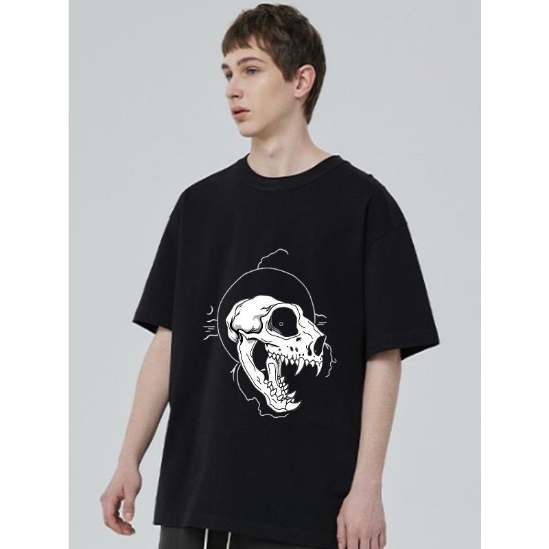 Black Oversized T Shirt with Wolf Skull Print for Casual Streetwear Fashion