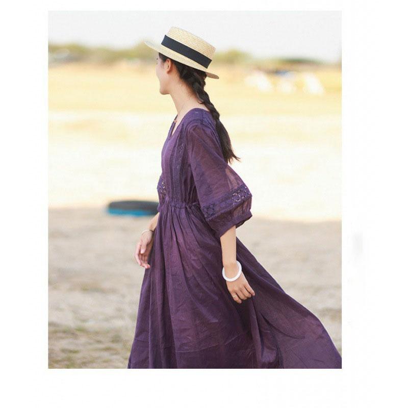 Literary Style Lace-up  Long V-neck Small Refreshing  Comfortable Fashion Simple Seven-minute Sleeve Women DressPlus Size