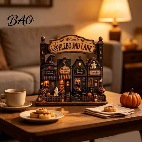 Layered Wooden Street Signs 2D Halloween Village Figurine, Spellbound Lane Haunted House Tabletop Decoration with Small Town Figures Witch Hat