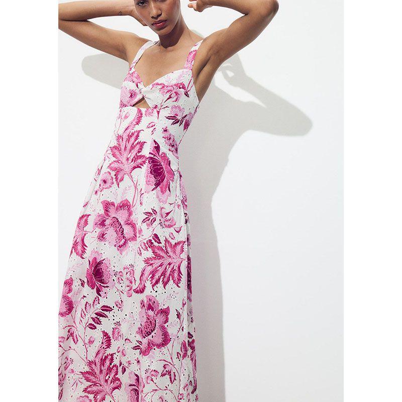 Summer New Product Women's Clothes Seaside Vacation Style Wide Shoulder Strap Cut Out Embroider Printed V-neck Dress 2157053