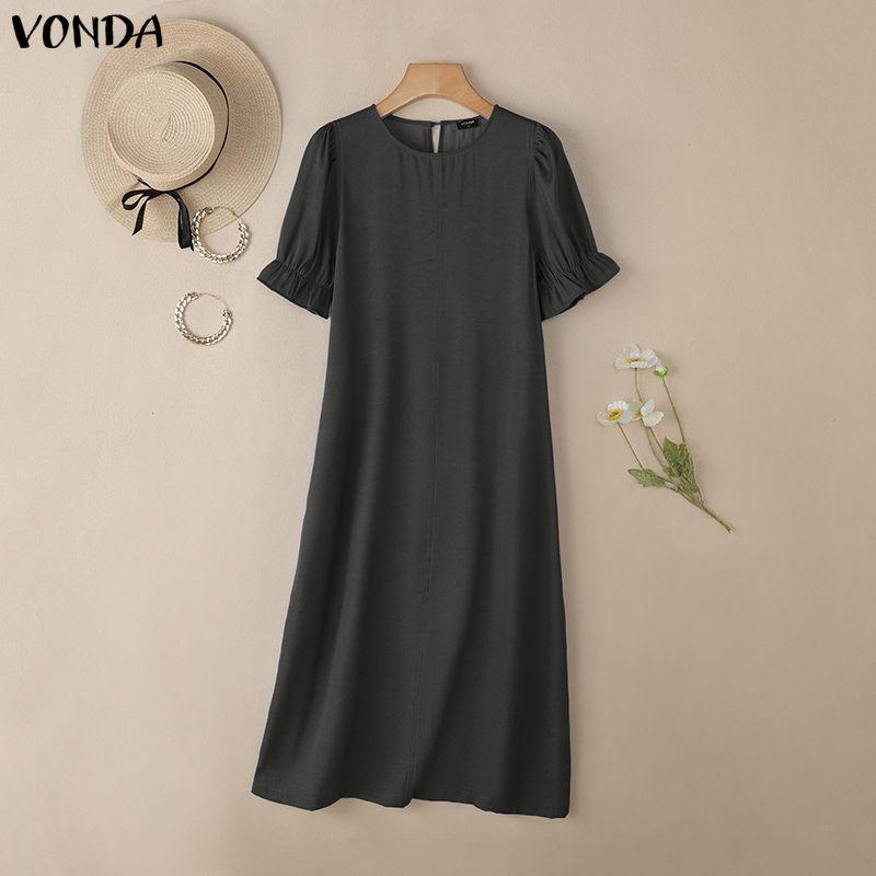 VONDA Women Elegant Round Neck Short Sleeve Ruffled H Line Casual Long Dress