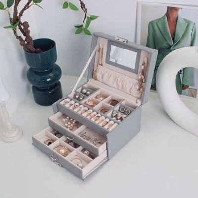 Three-Layer Luxury Leather Jewelry Box with Large Capacity for Necklaces and Earrings Storage