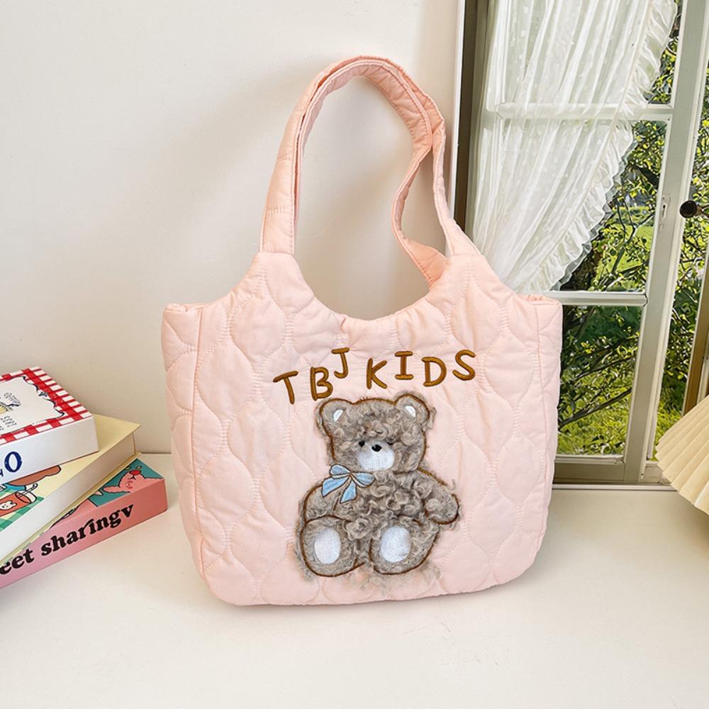 Japanese Style Nylon Quilted Handbag Padded Down Cloth Tote Bag Cartoon Bear Shoulder Bag  Shool