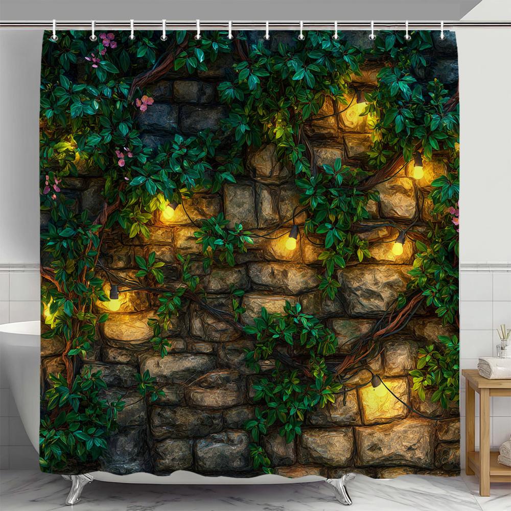 Rural Brick rock and plant landscape Shower Curtain, Floral  Decorative Bathroom Curtain, polyester Shower Curtain with Hooks