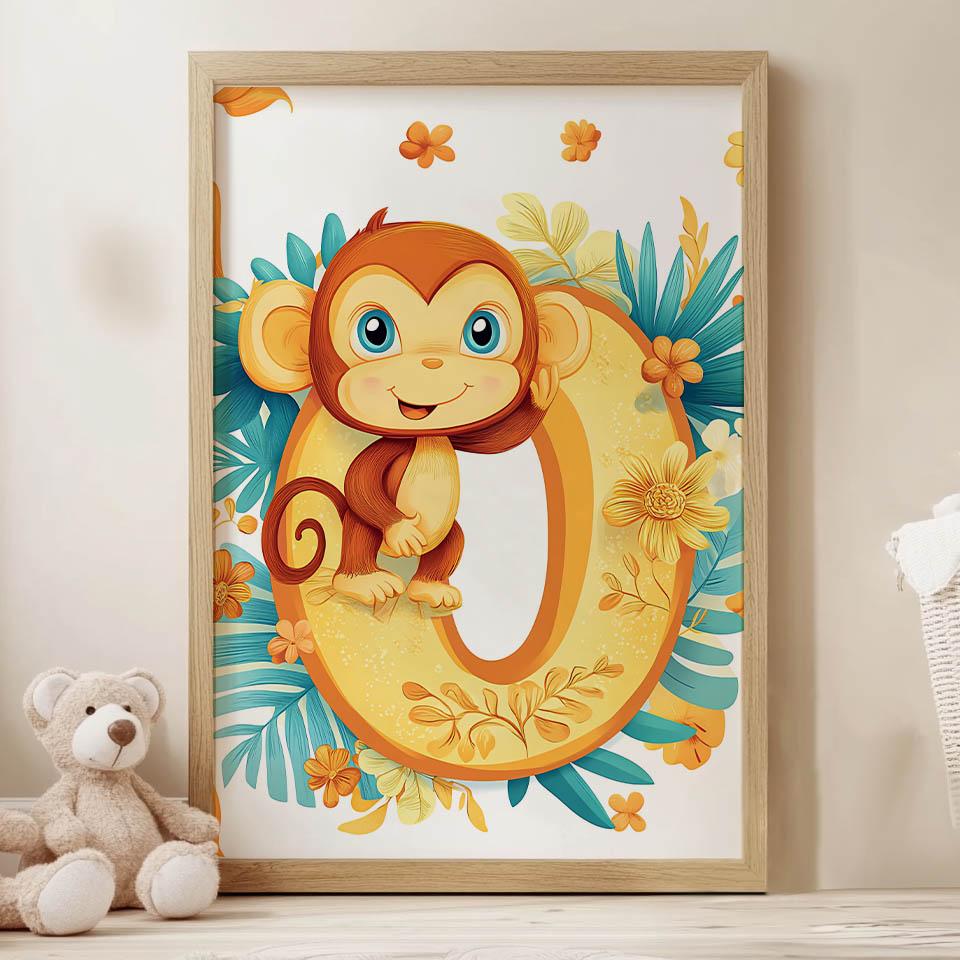 Plakat Wesoła Małpka Na Literze "O Plakat Wesoła Małpka Na Literze "O, 70X100 Cm, Rama Aluminiowa Czarna, Papier Matowy 230 Gsm