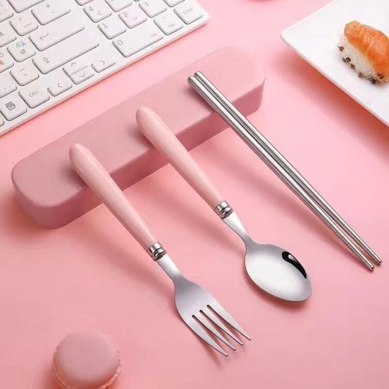 Stainless Steel Portable Student Tableware Outdoor Travel Lunch Box Spoon Fork Chopsticks Set With Storage Case Adult Gift