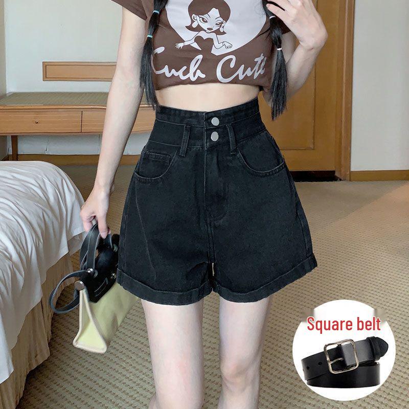 Women's 2026 Summer Korean-Style Black High-Waisted Denim A-Line Shorts
