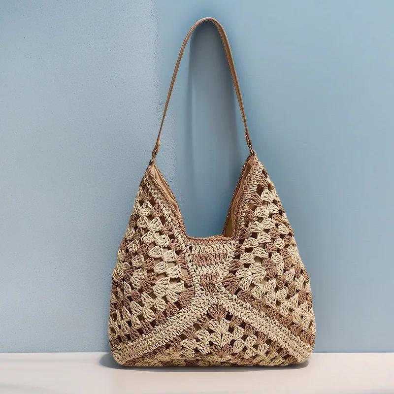 Hollow Out Woven Shoulder Bag Fashi Versatile Bohemian Beach Vacati Handbag Color-blocked Design Women's Underarm Bag