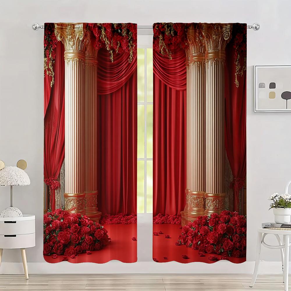

Spring Popular Curtain Red Flower Wedding Durable Polyester Fabric Without Electricity Party Holiday Decor Made Of Washable W100*H70(CM)-Hooks&2PCS