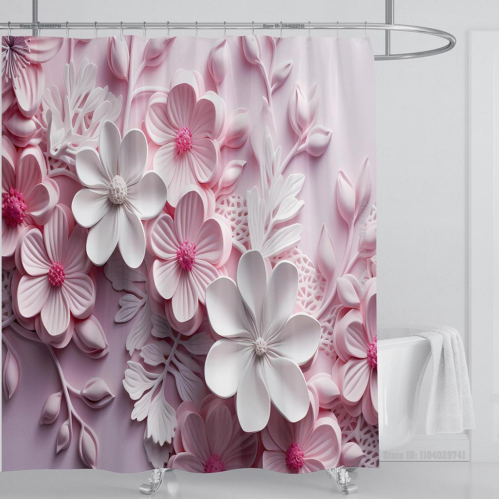 3D Floral Shower Curtain Set Orange Flower Design Fabric Bathroom Decor Waterproof Washable Shower Curtain Set with Hooks