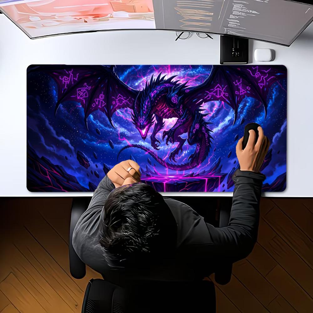 XXL Dunkler Drache Großes Mauspaddel Fantasy Magische Rune Neon Grafik Schreibtischunterlage Rutschfeste Gummi Gaming Computer Tastatur Mauspads