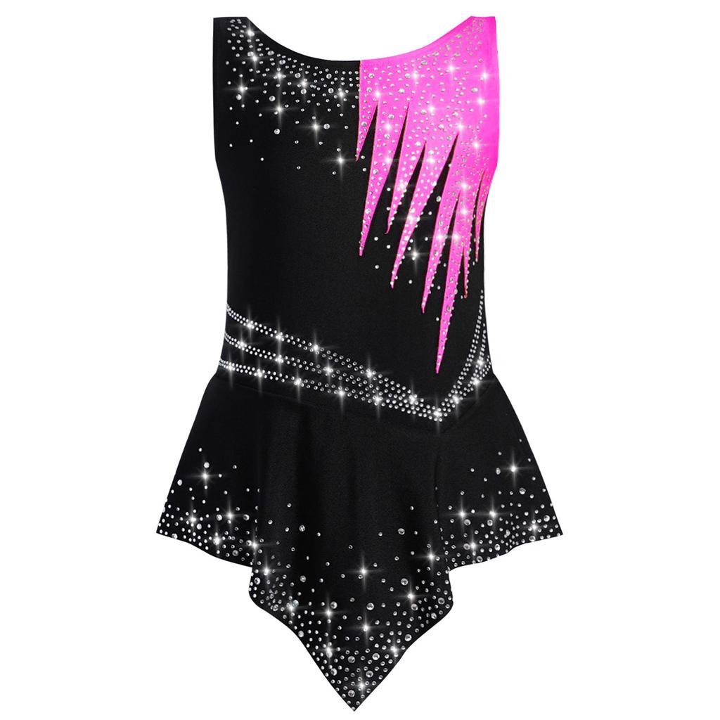 Girls Competition Leotard Sleeveless Style Shiny Rhinestones Contrast Color Bodysuit Gymnastics Performance