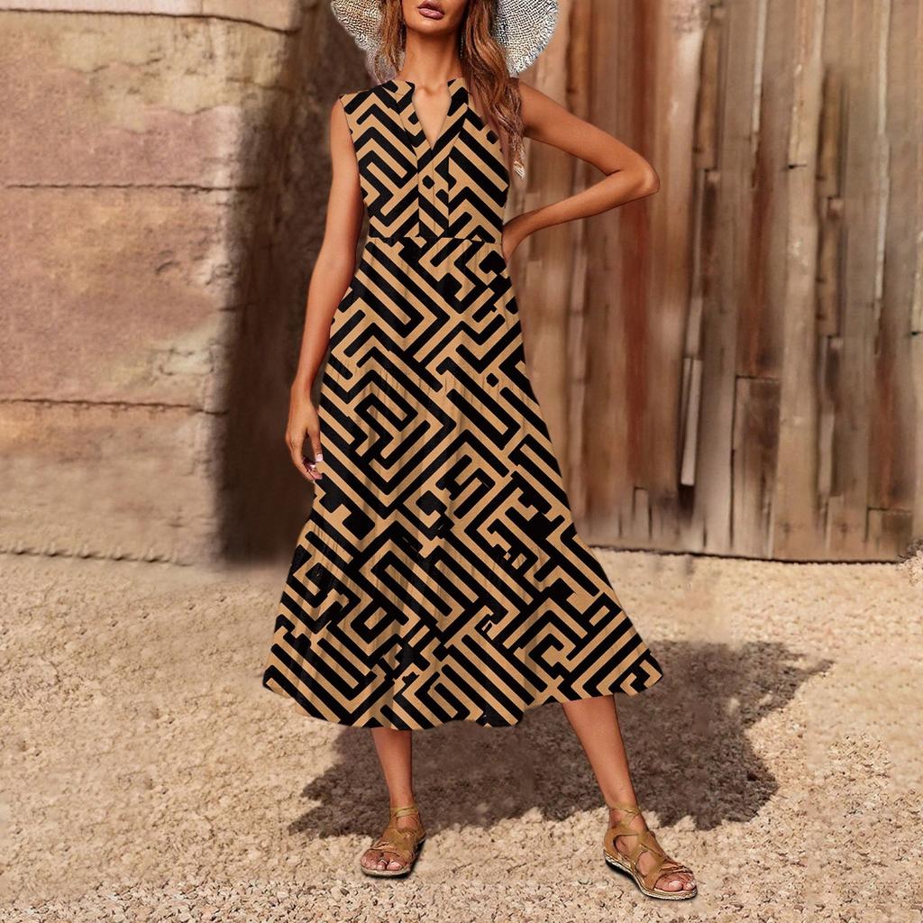 Women's Casual And Fashionable V-neck  Sleeveless Printing Mid Length Dress