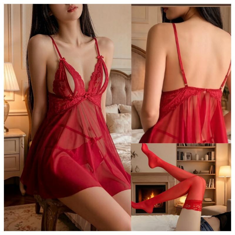Sex Underwear Sexy Free Large Size Light Luxury Sweet Mesh Deep V Suspender Nightdress Lace Robe Uniform Women