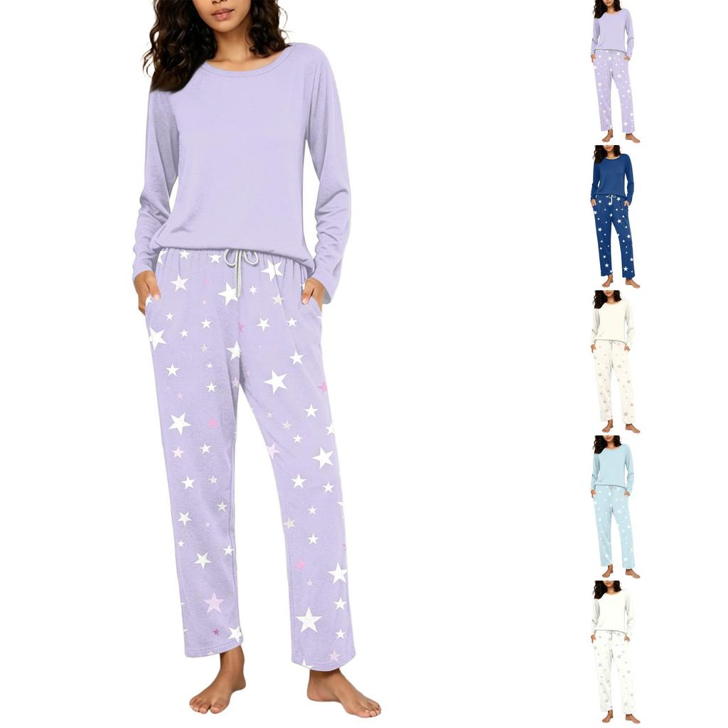 Women's Casual Printed Pajama Set with Round Neck and Loose Fit for Sleep and Lounging