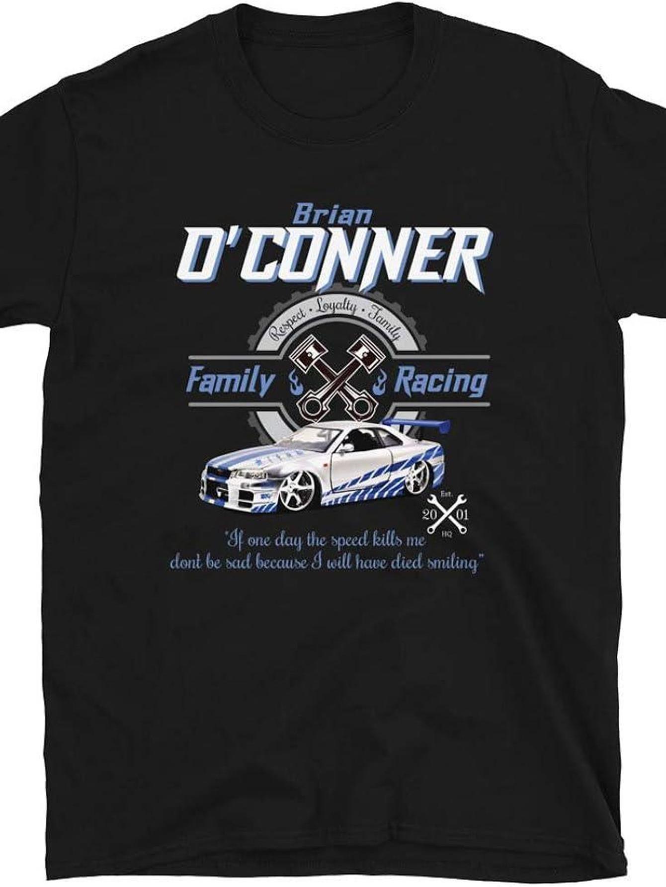 

Men s Fast Furious Brian O Conner Family Racing Graphic T-Shirt 100% US Made Black Casual Tee with White Racing Car Design S