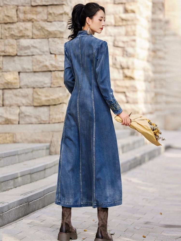 Johnature Frauen Frühling Mode Vintage Stickerei V-ausschnitt Denim Kleid Lose Retro Casual Kleid