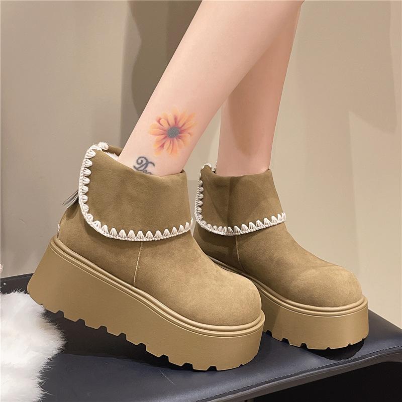 Women's Lightweight Platform Winter Boots with Thick Soles, Warm Fleece Lining, Fur Trim, Slip-Resistant, Casual Sporty Suede Lace-Up Cotton Boots