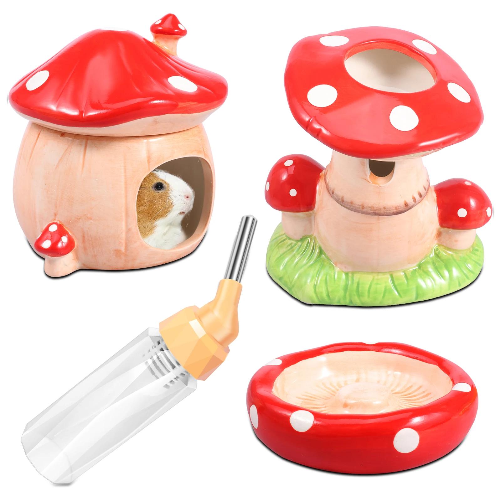

Hamster Hideout Set Include Mushroom Shape Ceramic Hamster Hideout Food Bowl and Water Bottle with Stand Ideal for Gerbil